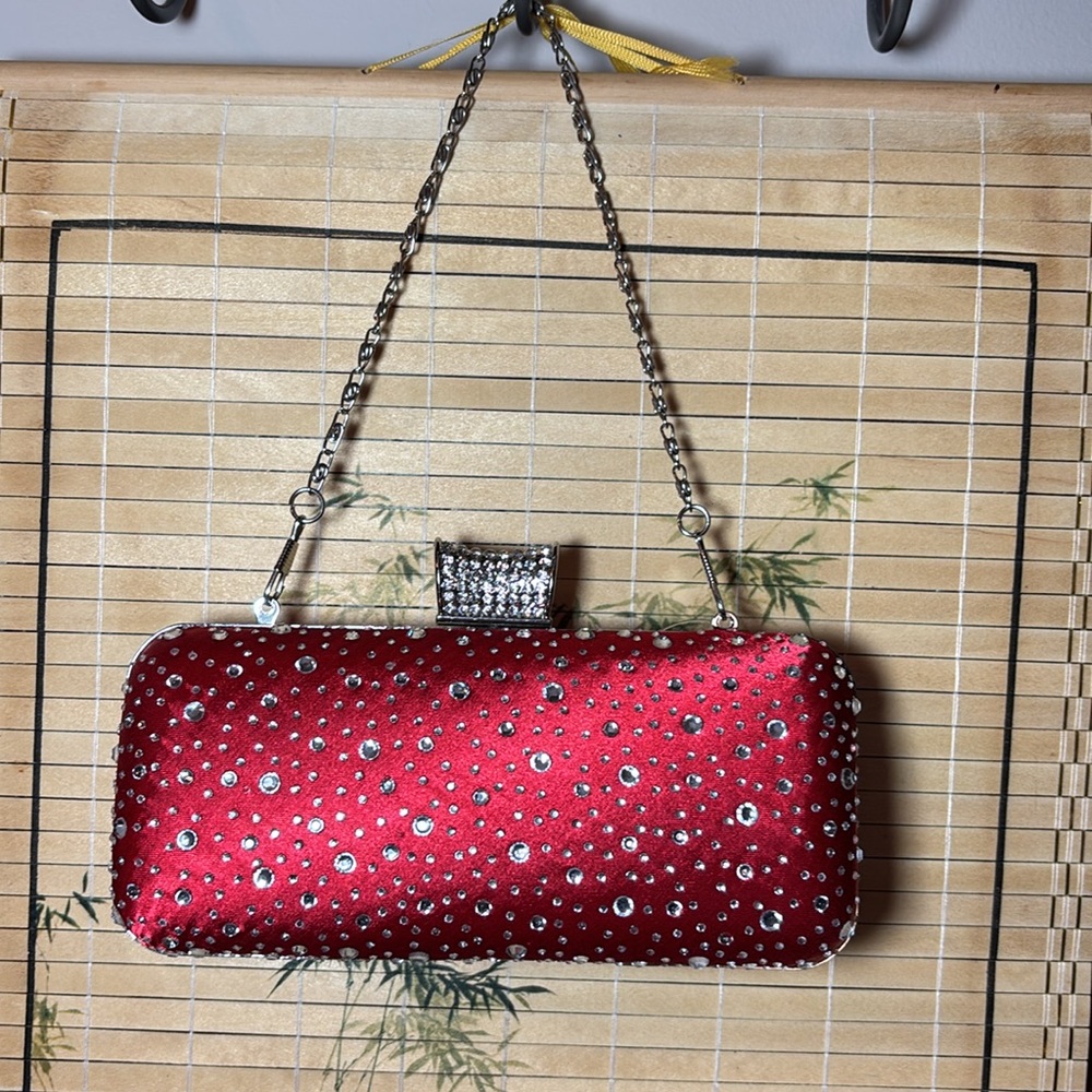 Red Satin Rhinestone Clutch Evening Bag Silver Metal 7”Lx4”Hx2.25”D w Strap VGUC